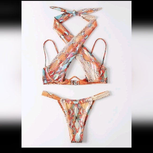 Snakeskin Print Criss Cross Underwire Tonga Bikini Size S - Picture 4 of 9